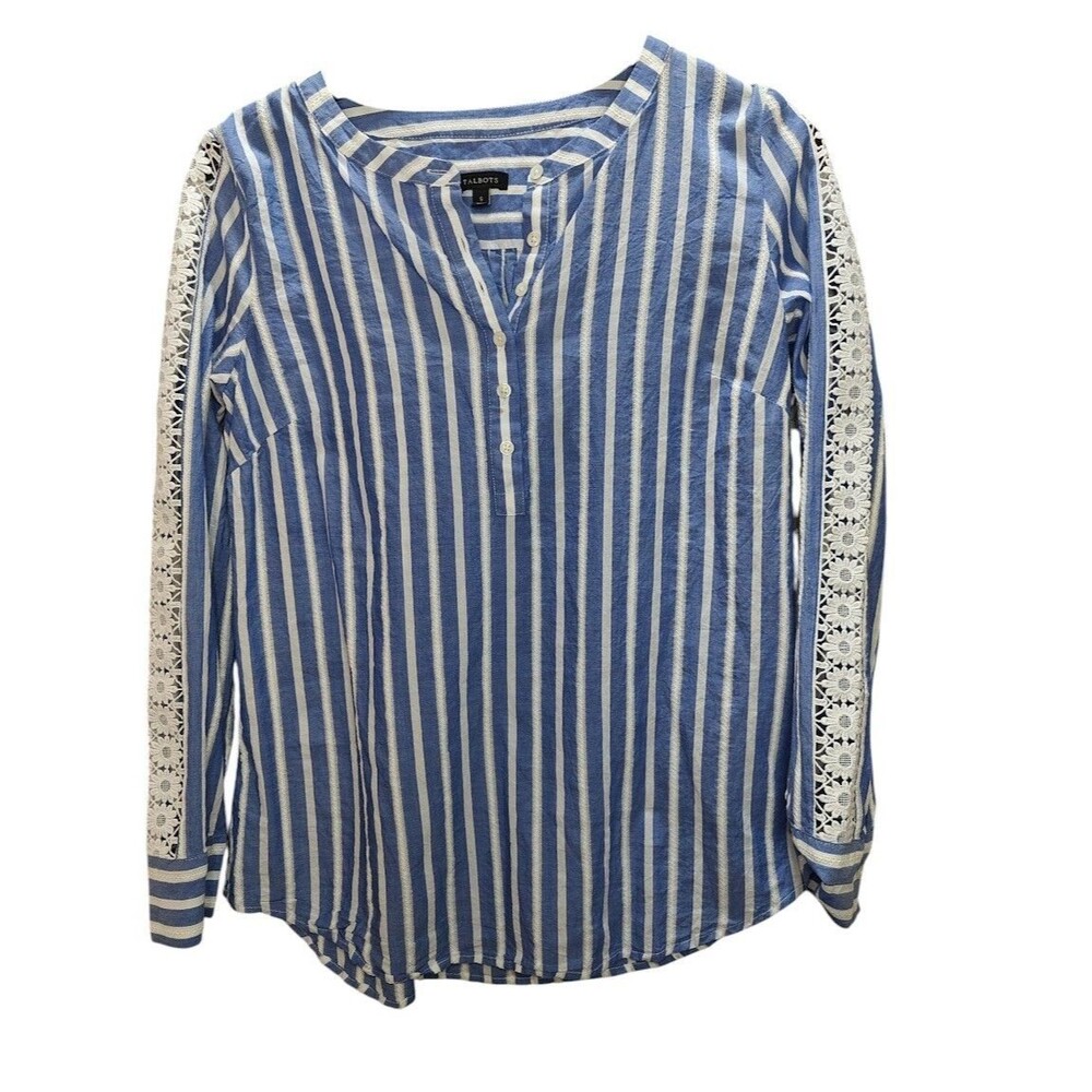 Talbots Women’s Blouse S Blue White Stripe Crochet Sleeve Top Button Henley